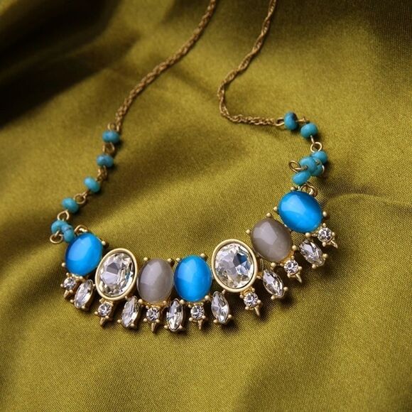 Blue Crystal & Rhinestone Beaded Vintage Gold Statement Collar Necklace - Picture 6 of 8
